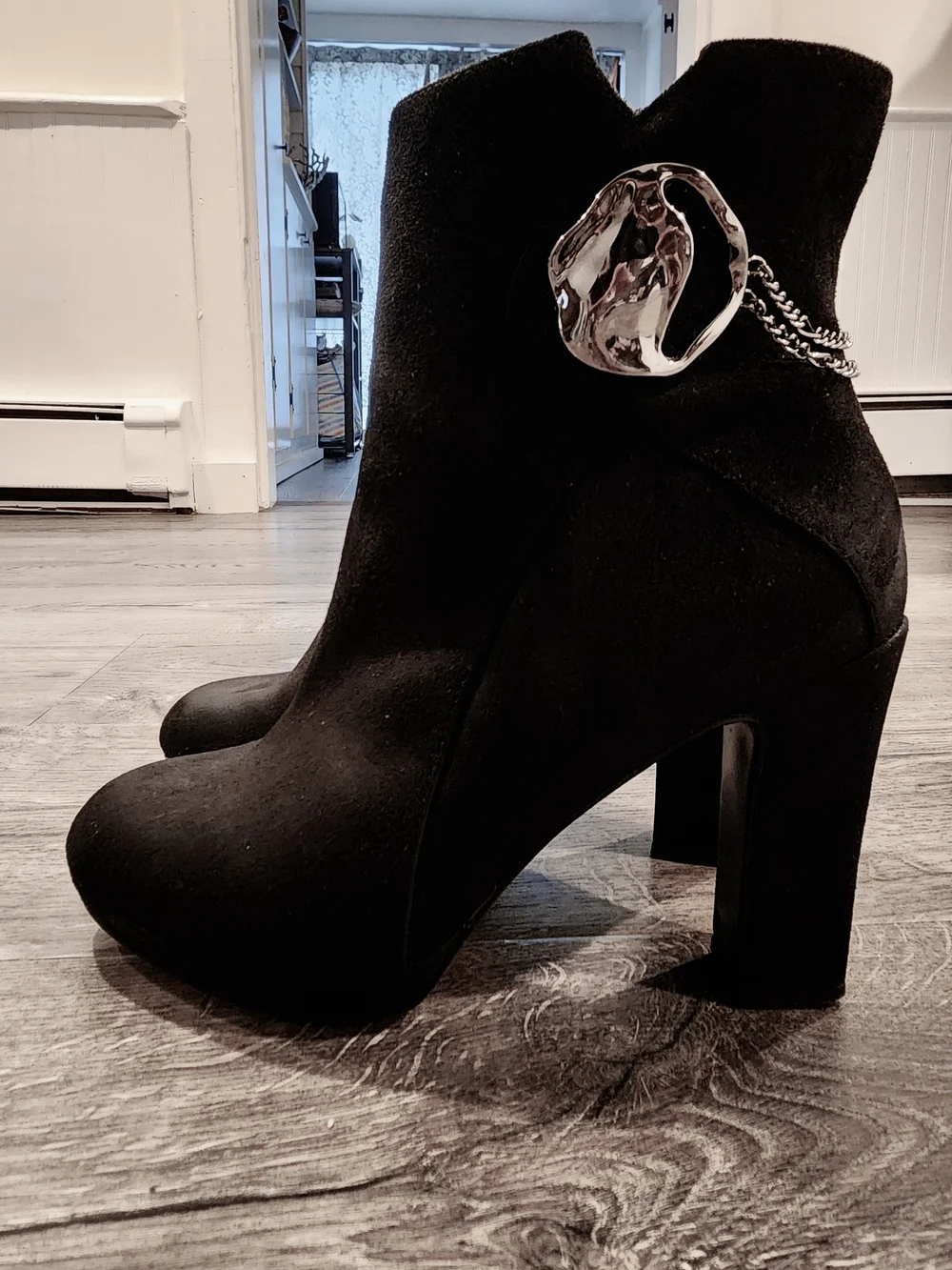 IMPO Black Suede Ankle Boots Silver Hardware Block Heel 7.5
